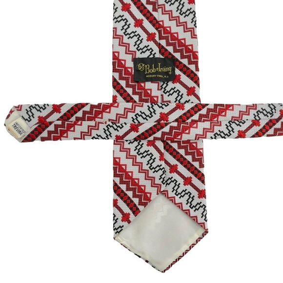 Vintage 60s/70s Trevira Necktie Geometric Diagonal Stripes Red Black White Tie - Picture 2 of 7